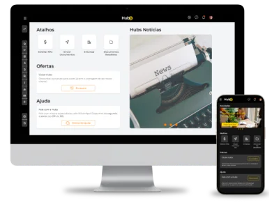Imagem de um computador ao lado de um telefone, ambos exibindo a tela inicial do Sistema Hubs