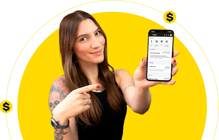 Casal apontando para um celular com o app da Hubs