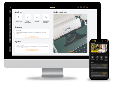 Imagem de um computador ao lado de um telefone, ambos exibindo a tela inicial do Sistema Hubs